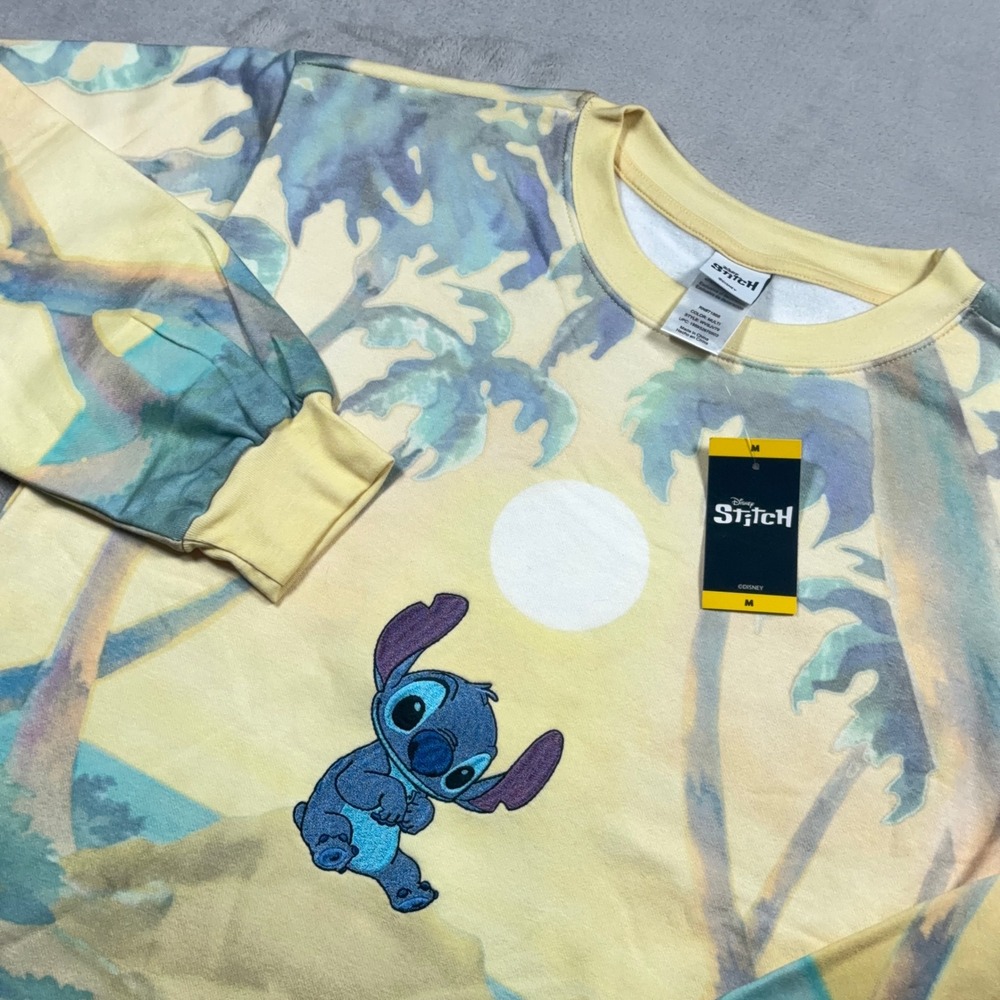 Disney Stitch Sweatshirt M NWT Embroidered Watercolor Palm Beach All Over Print